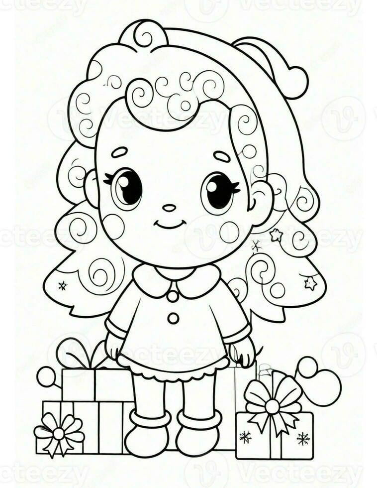 winter and christmas coloring page for kids girl with hat photo