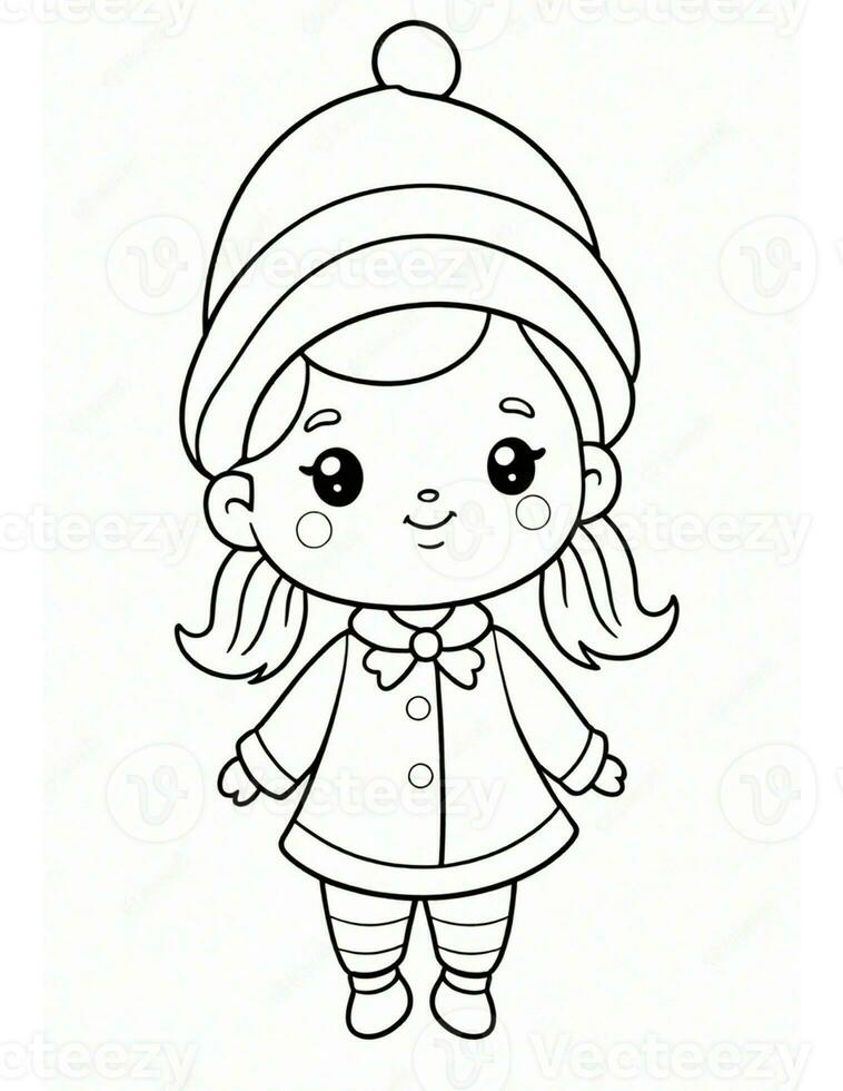 winter and christmas coloring page for kids girl with hat photo