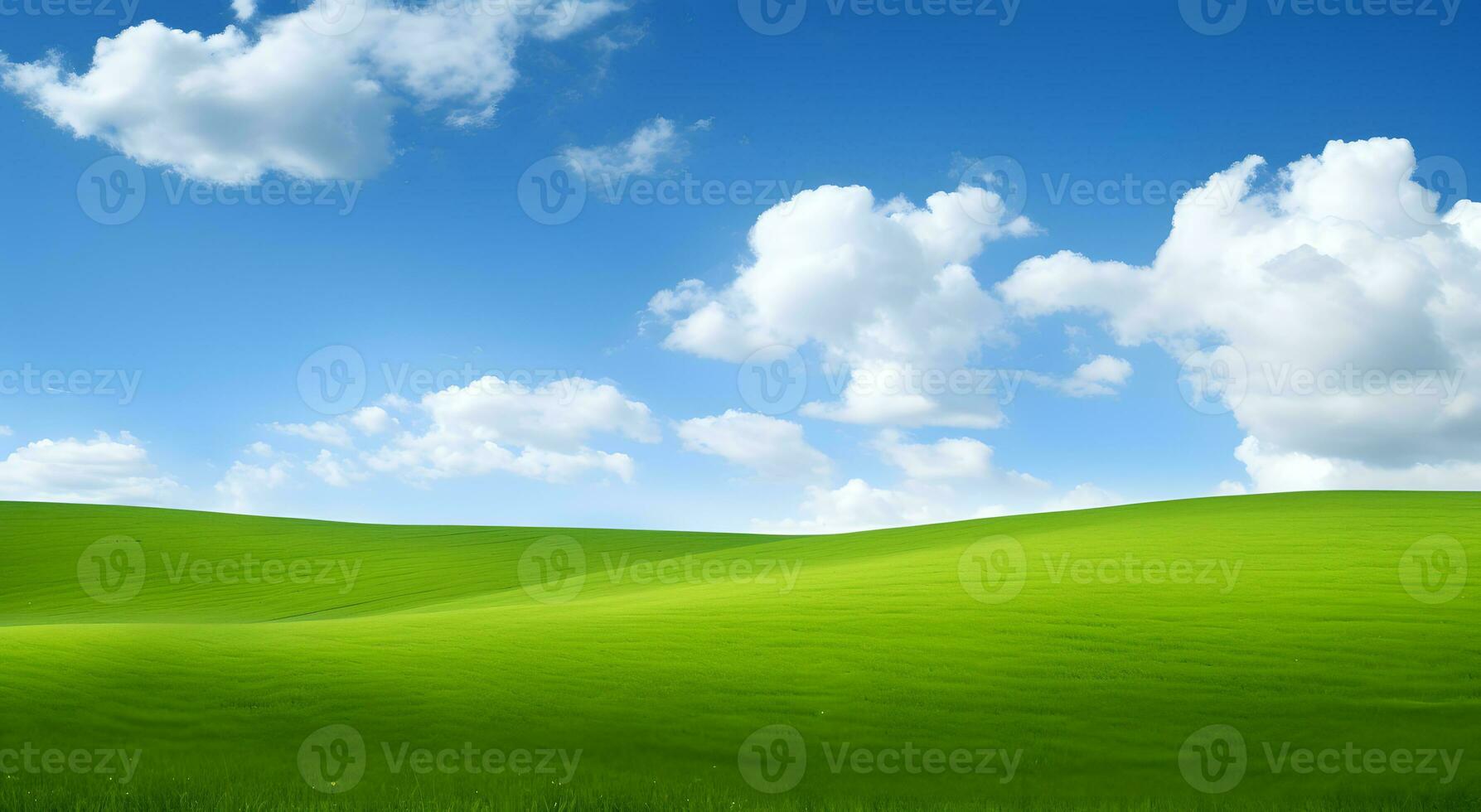 verde campo y azul cielo con blanco nubes ai generativo foto