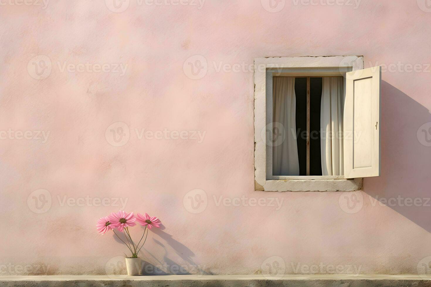 rosado pared con ventana y gerbera flores ai generativo foto