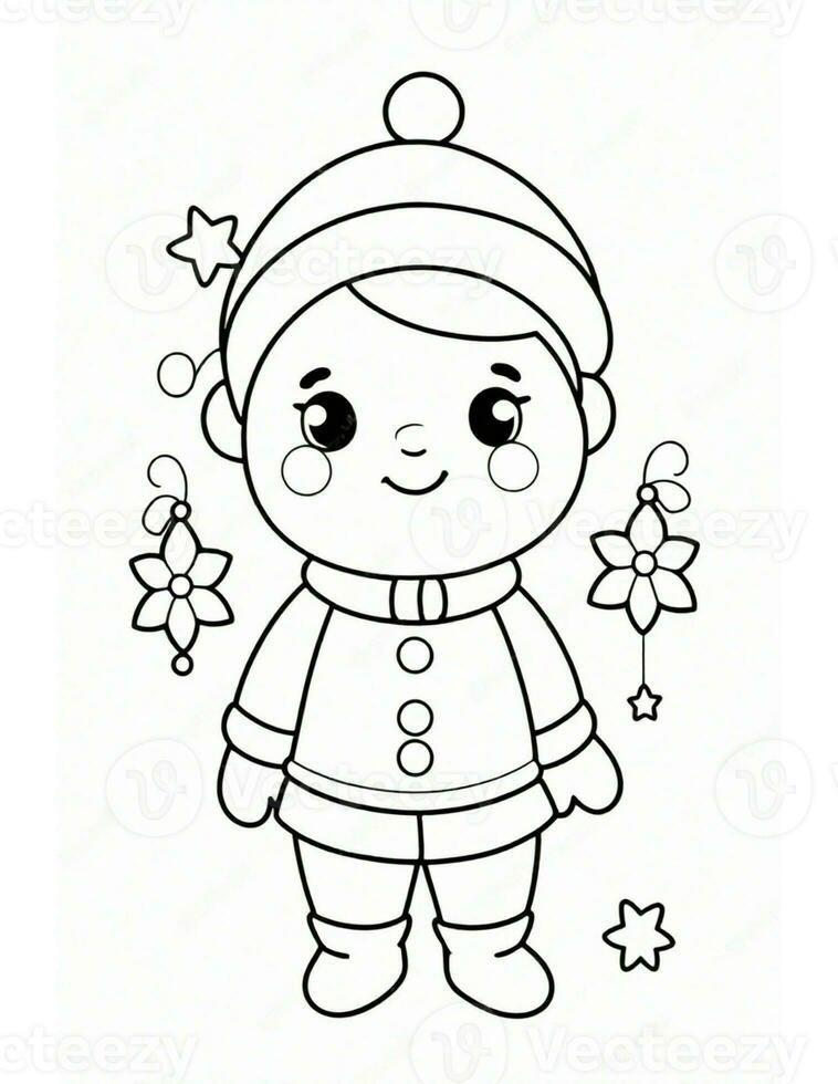 winter and christmas coloring page for kids elf in hat photo