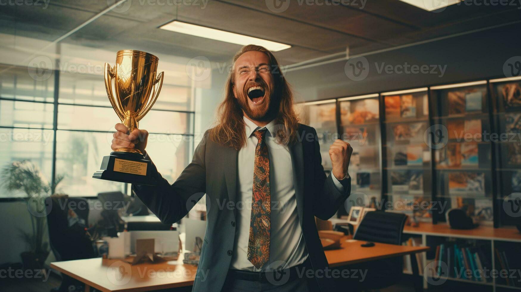 A Joyful Employee Grasps a Trophy for Outstanding Achievement at the Office photo