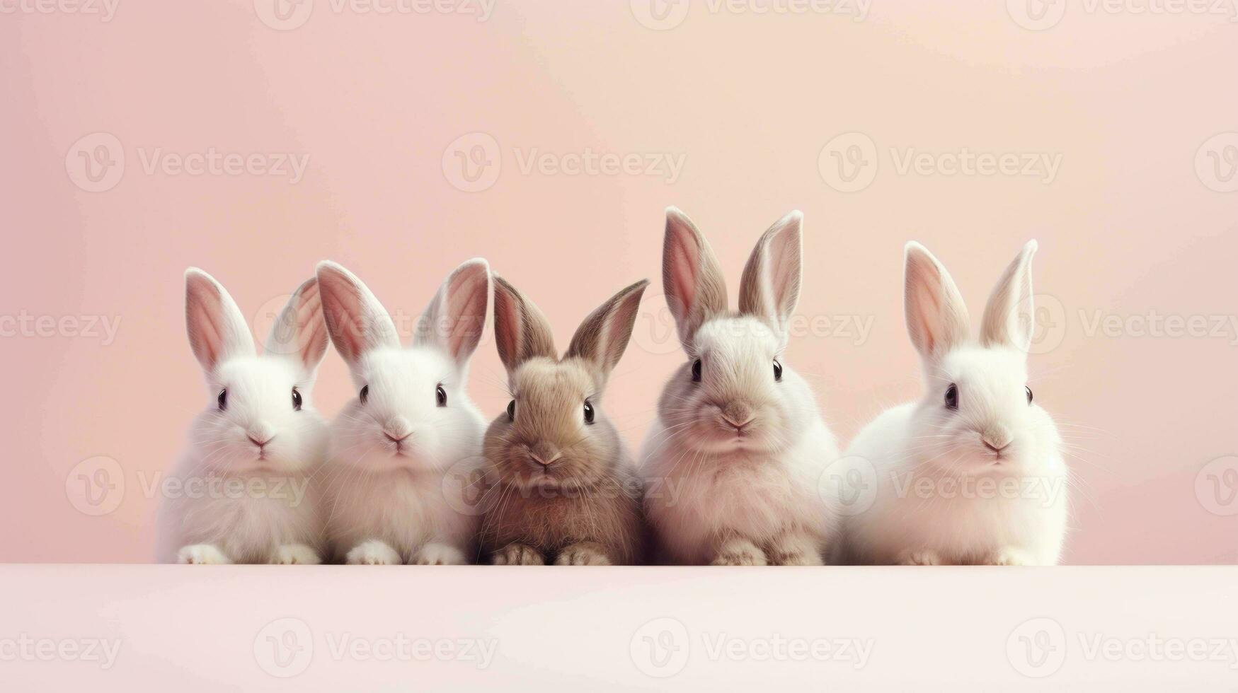 Five adorable rabbits in a minimalist setting photo