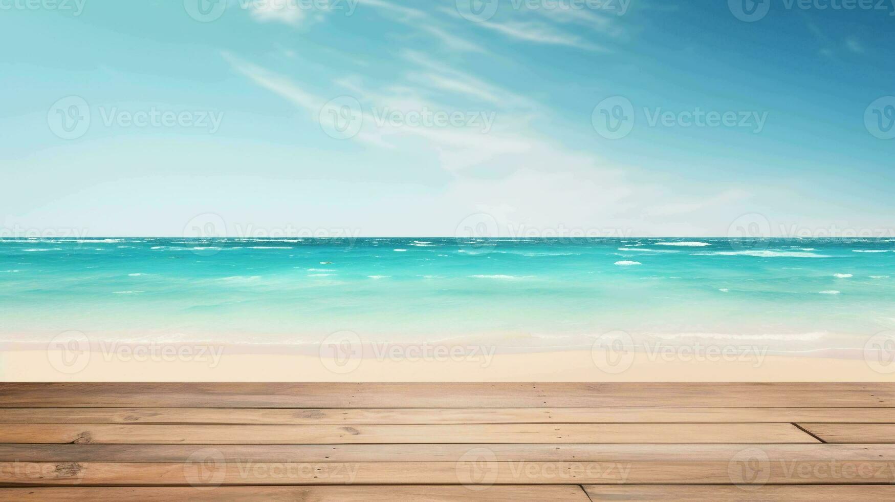 Seaside Product Showcase. An empty wooden table against a stunning beach backdrop in daylight photo