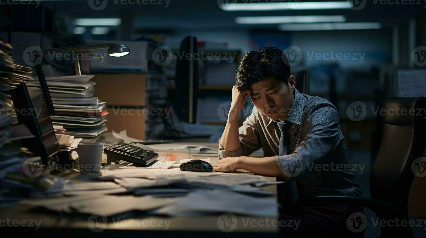 Realistic Depiction. Asian Office Worker Experiencing Workplace Stress and Emotional Strain photo