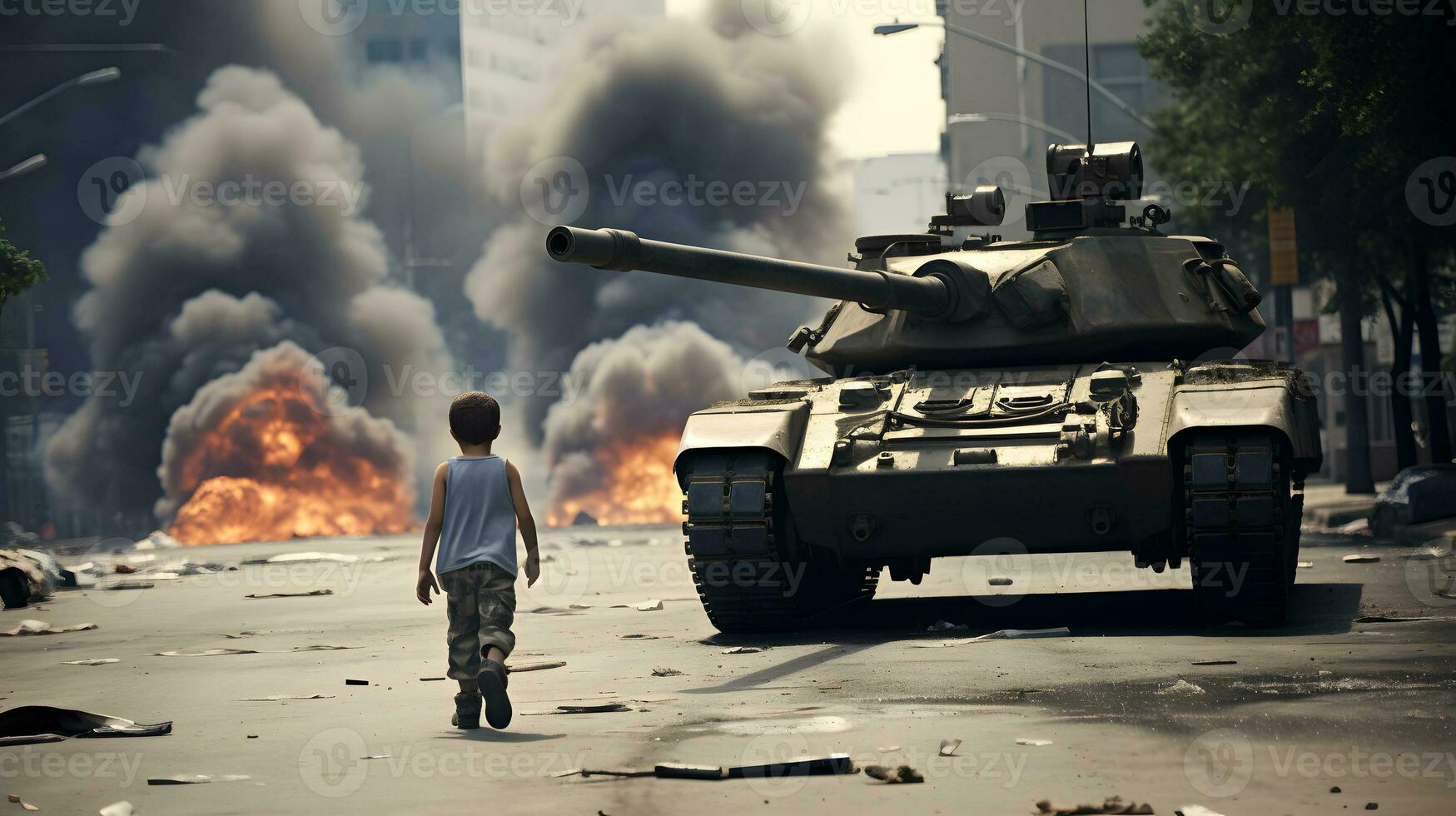 A boy stands in front of a military tank AI Generative photo