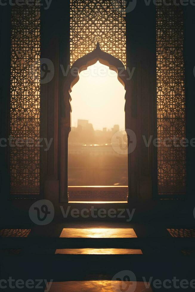 Silhouette of a window in a mosque in the early morning AI Generative photo