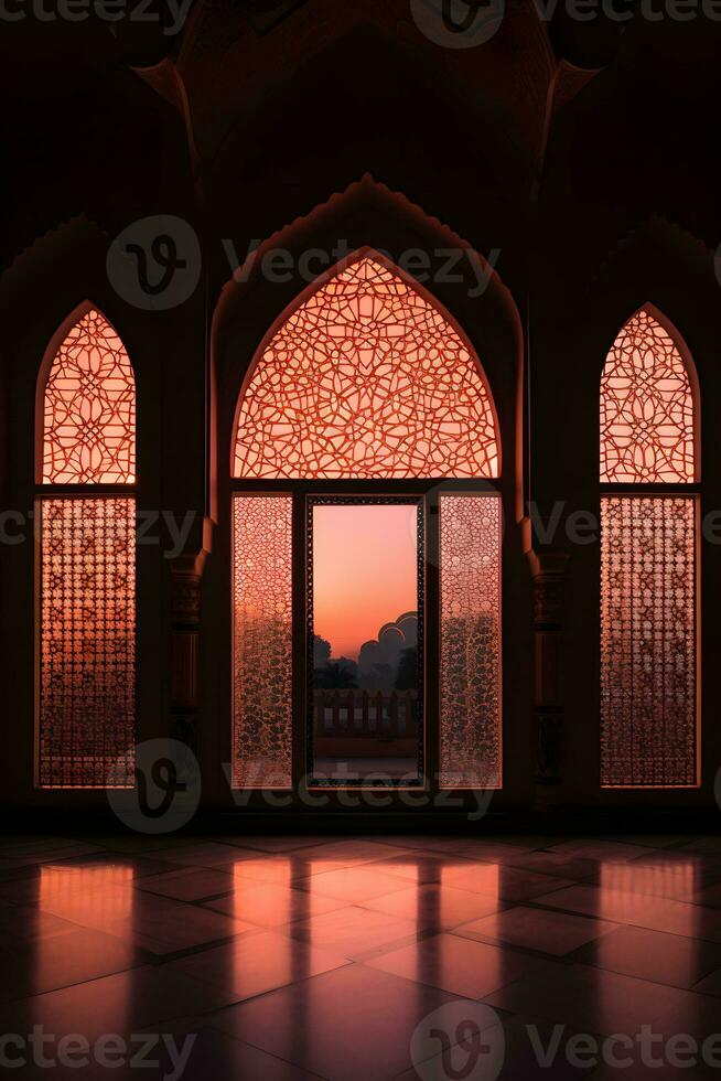 Arabic window with red sunset on the background AI Generative photo