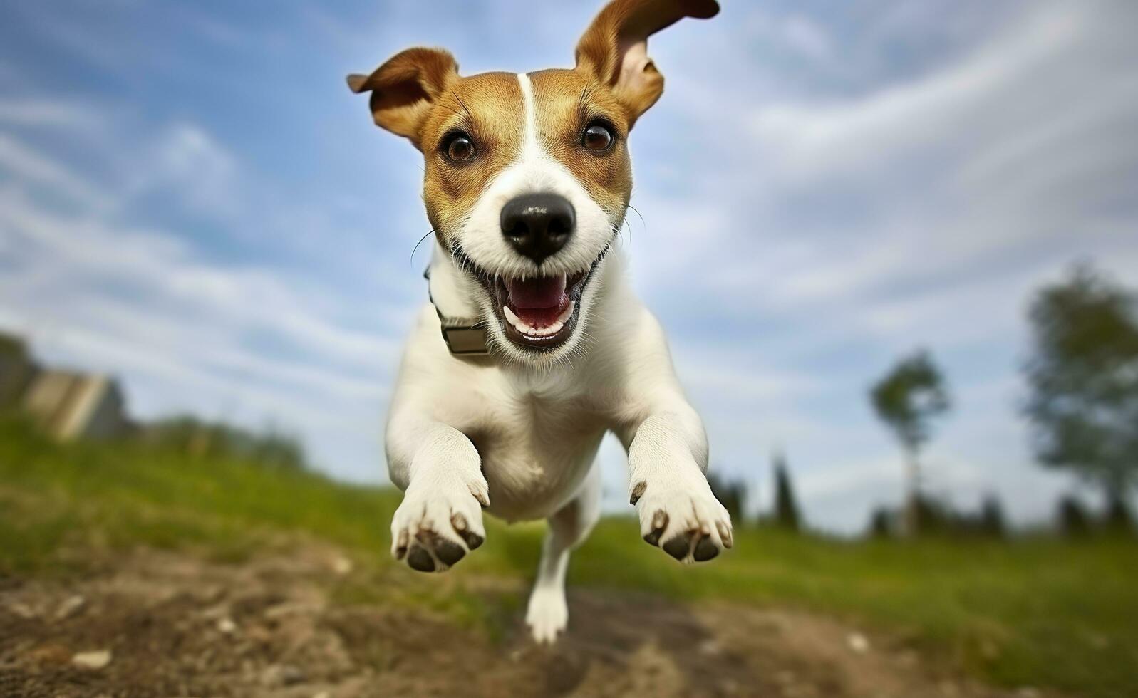 Jack Russel Parson Dog Run Toward The Camera Low Angle High Speed Shot. AI Generated photo