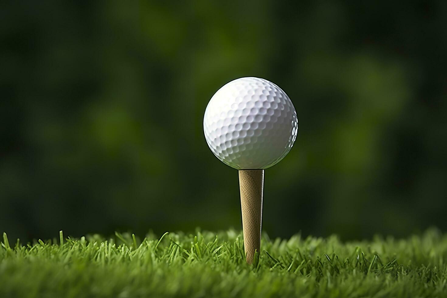 blanco golf pelota en de madera tee con césped. generativo ai foto