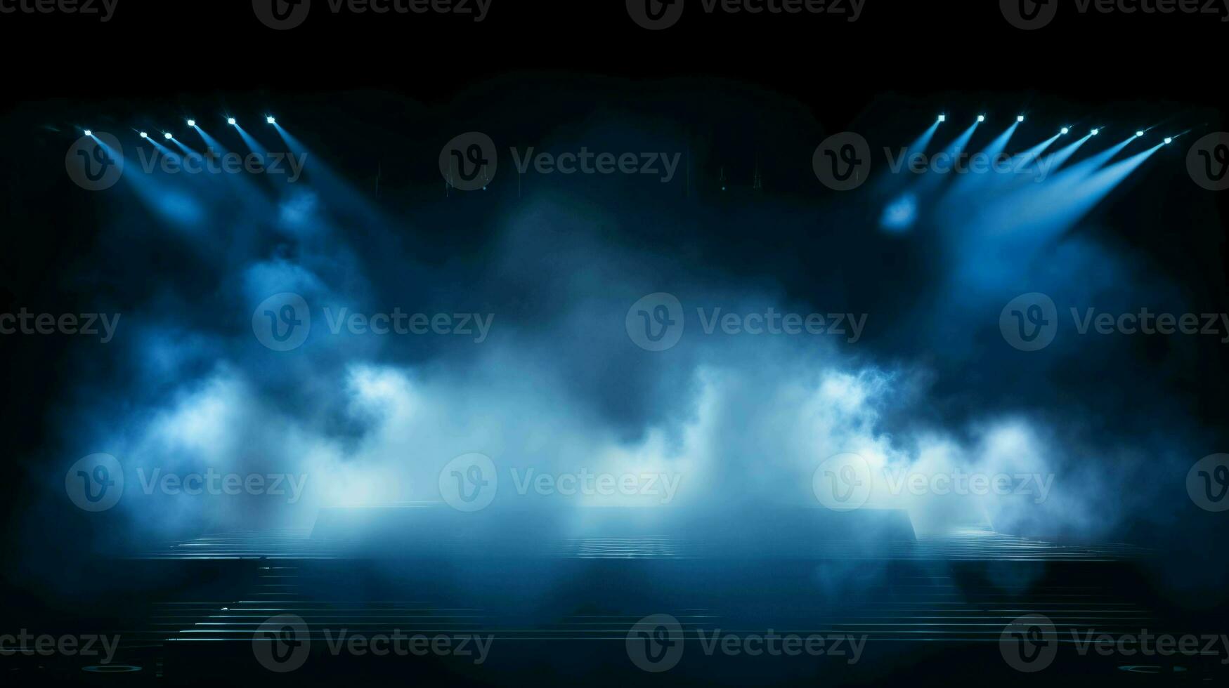 Epic Stage Illumination. Blue vector spotlight, smoke, and stadium ambiance on black backdrop photo