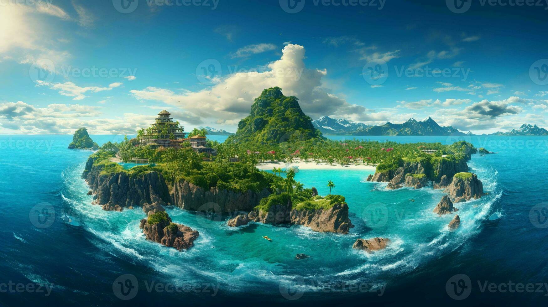 A breathtaking wide angle view of a mesmerizingly beautiful island paradise photo