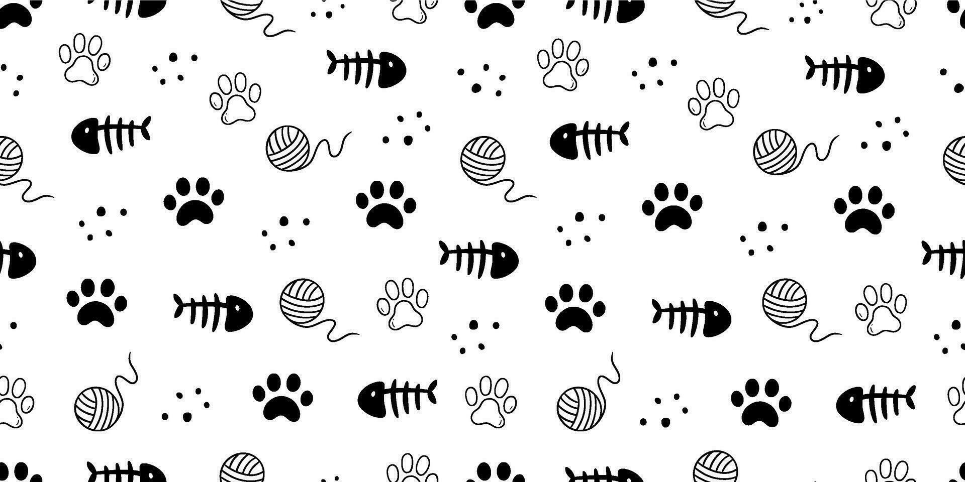 Cat toy, fooprint pattern seamless. Hand drawn sketch doodle kitty cute element on white background. Fish bone, footprint, cat toy element. Pet veterinary pattern. Vector