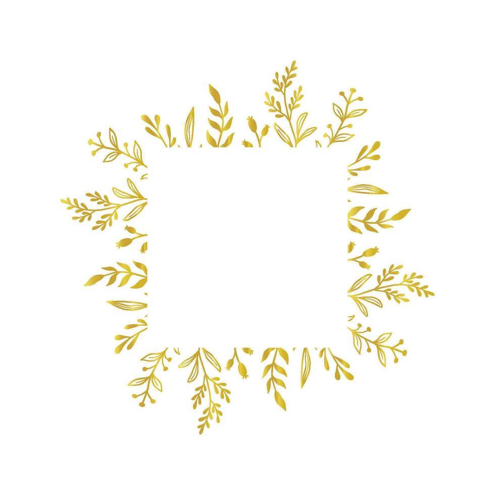 Gold floral square border. Vector golden floral leaf wreath border. Wedding square frame design. Hand drawn rustic flourish elegant rectangle frame. Vector illustration
