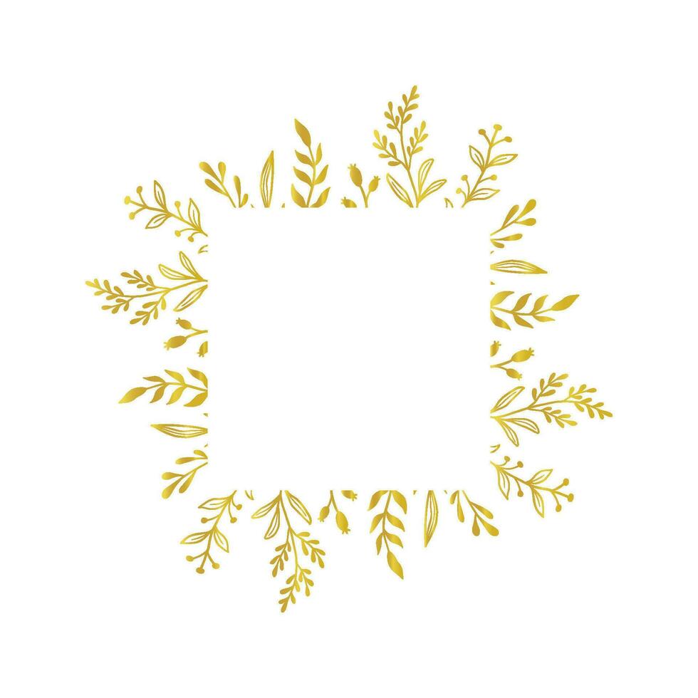 Gold floral square border. Vector golden floral leaf wreath border. Wedding square frame design. Hand drawn rustic flourish elegant rectangle frame. Vector illustration