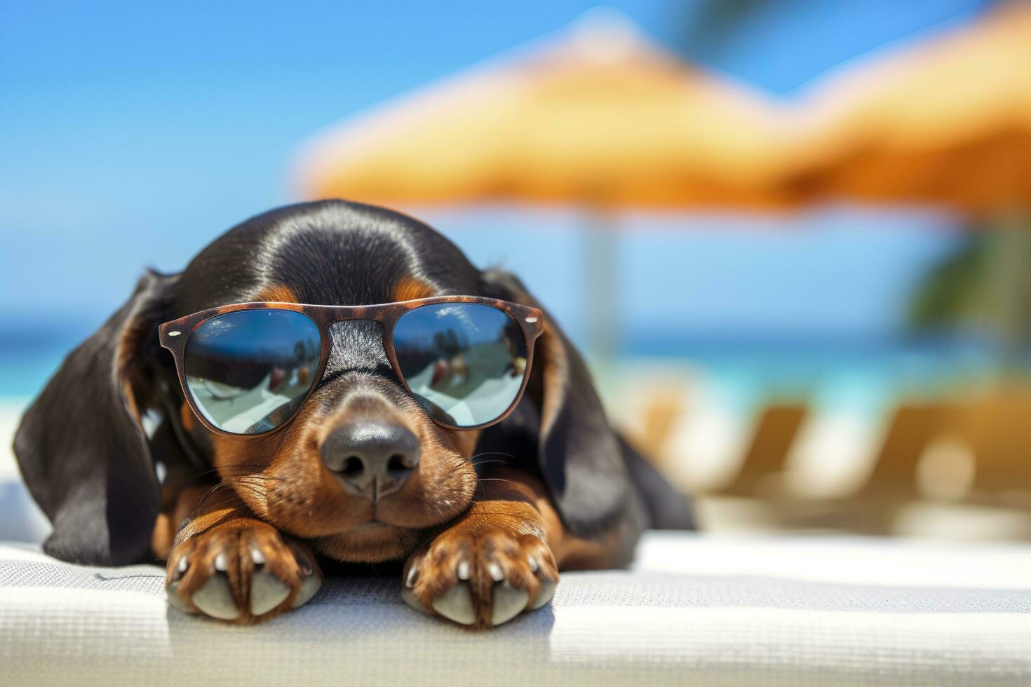 Dog Puppy wearing sunglasses, lying on a sunbed to sunbath at the beach sea on summer vacation, holidays. Funny concept. AI Generative photo