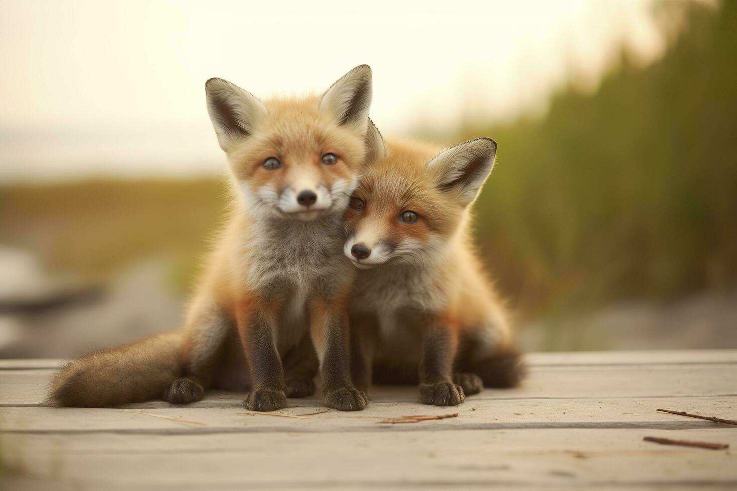 Wild baby red foxes cuddling at the beach. Generative AI photo