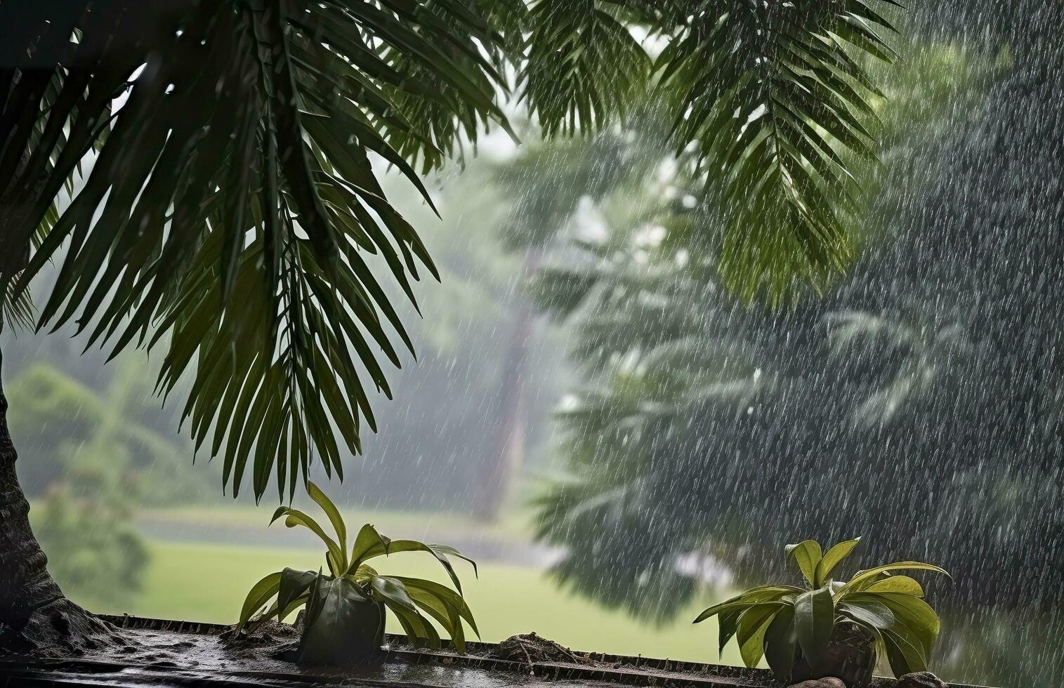 Rain in the tropics during the low season or monsoon season. Raindrops in a garden. Generative AI photo