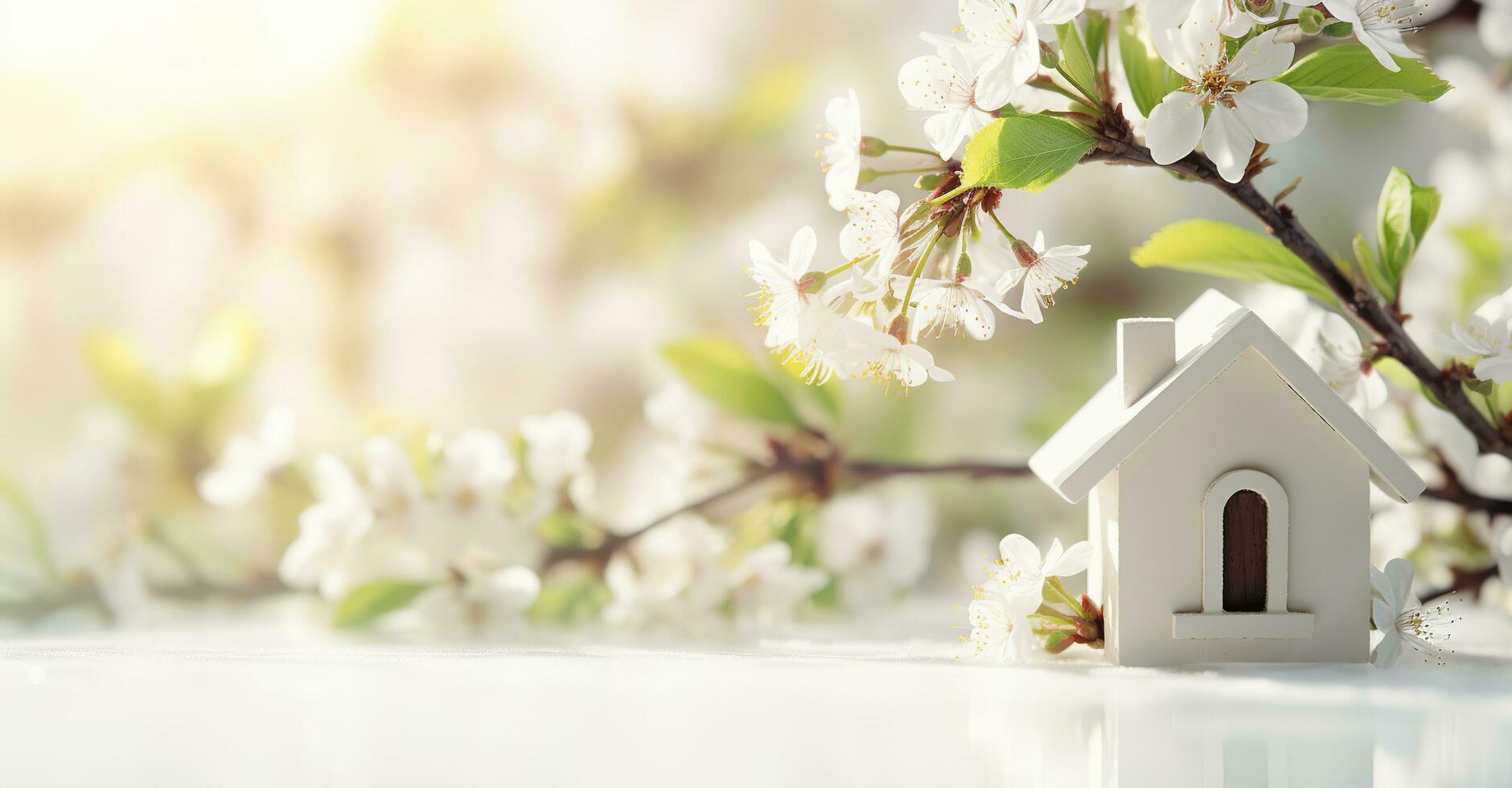 Toy house and cherry flowers, spring abstract natural background. Generative AI photo