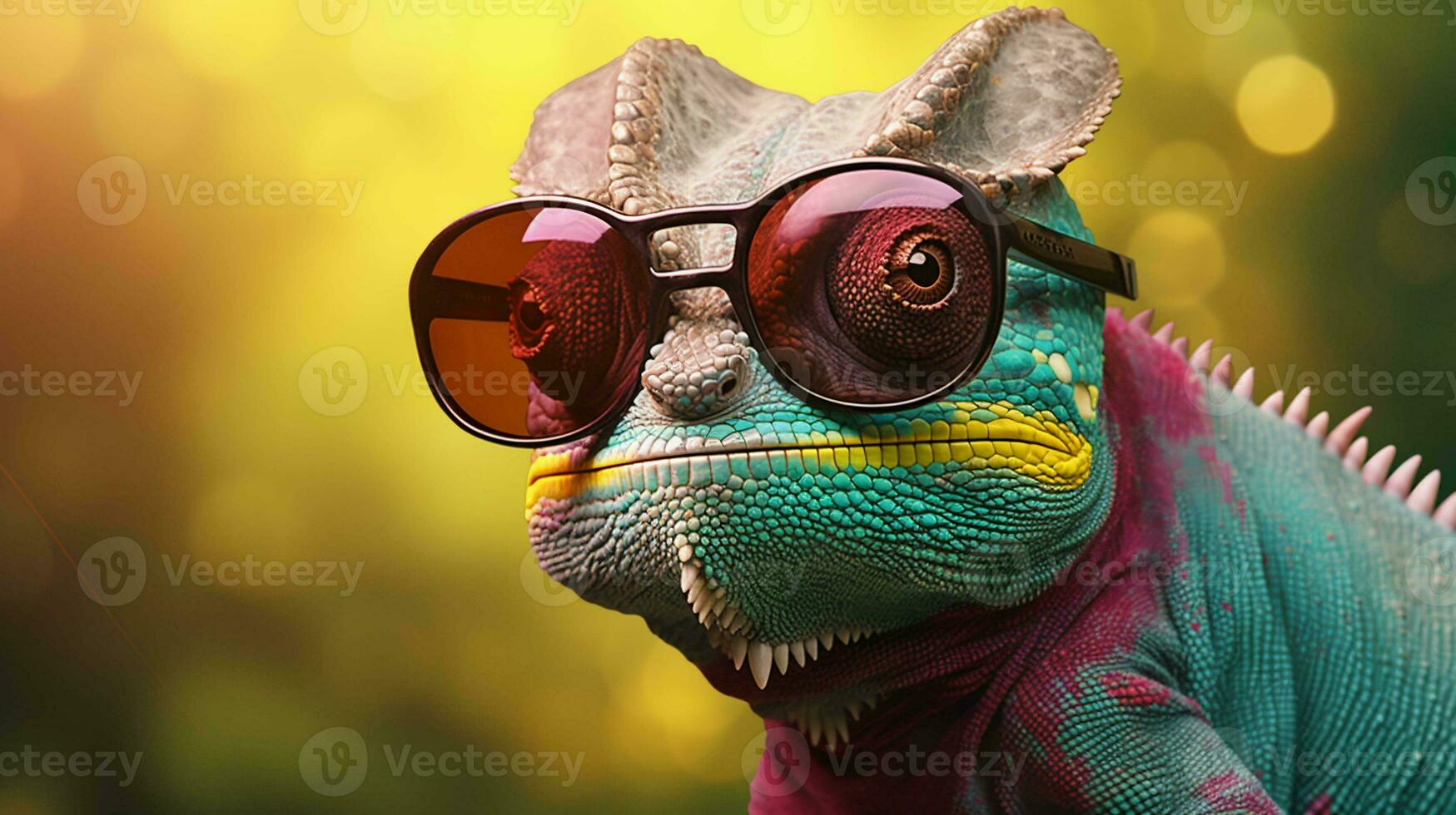 Chameleon sporting stylish sunglasses. A reptilian fashion statement photo