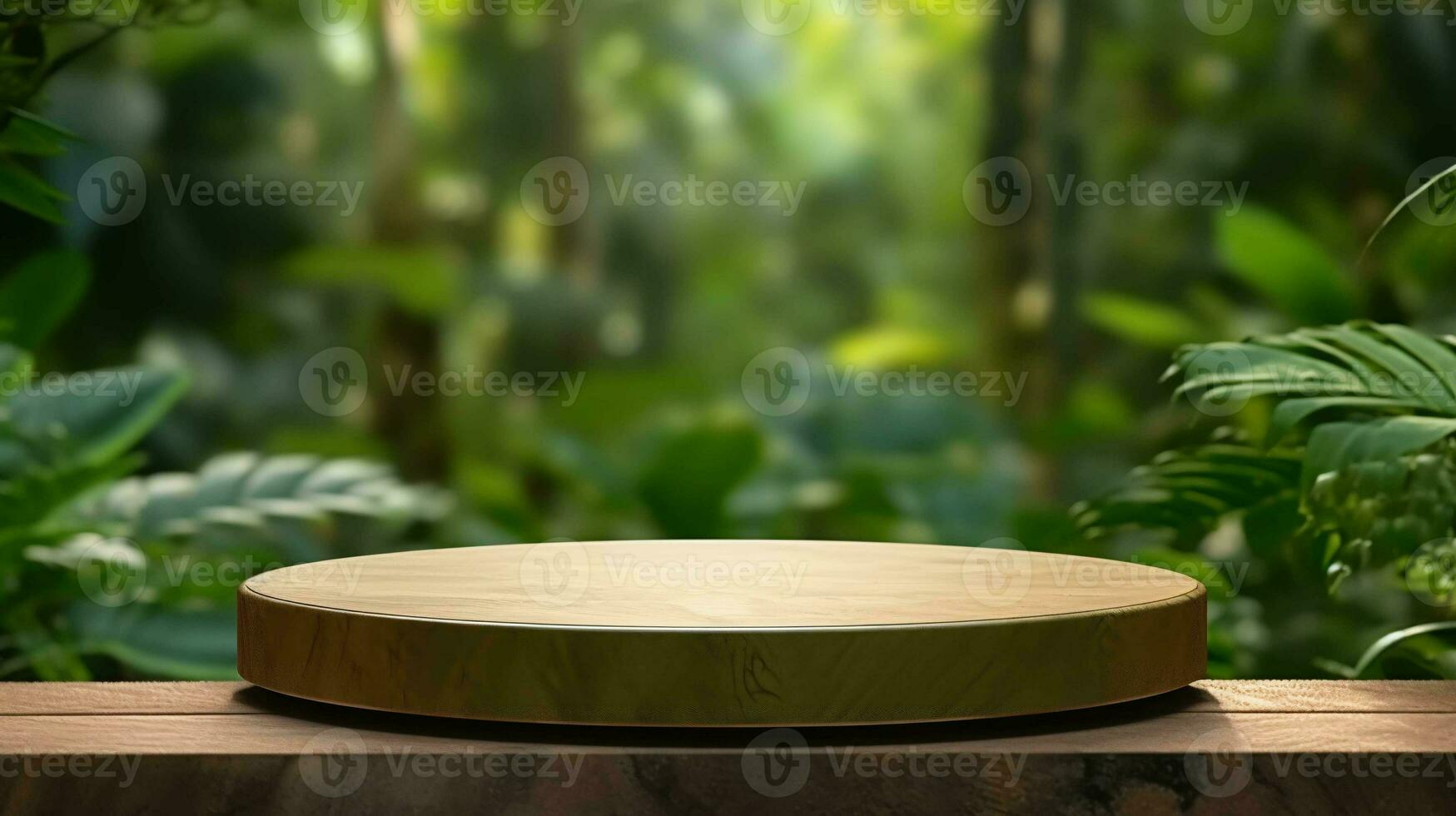 Tropical Product Showcase. Wooden podium amidst lush forest, a green backdrop photo