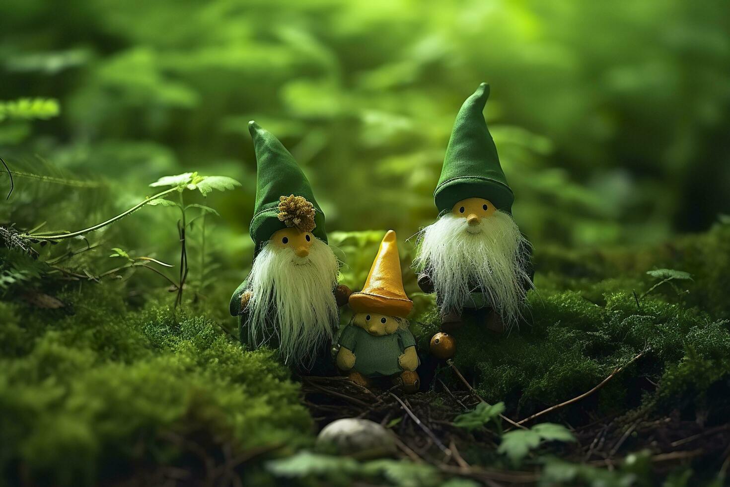 Toy Irish gnomes in a mystery forest, abstract green natural background. Generative AI photo