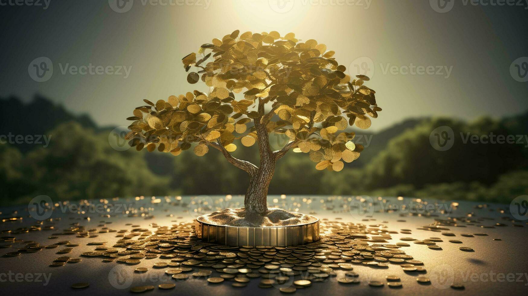 Financial Growth in Nature. Tree Thrives on a Bed of Coins. Ideal for Investment Concepts photo