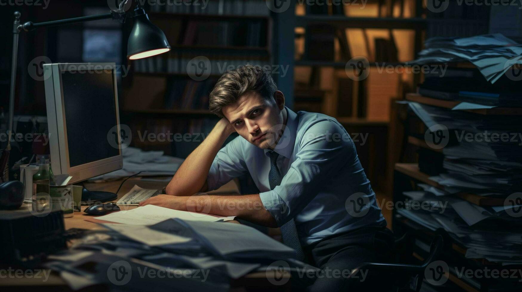A Depressed Employee in the Office. An Image Reflecting Workplace Stress and Mental Health Struggles photo