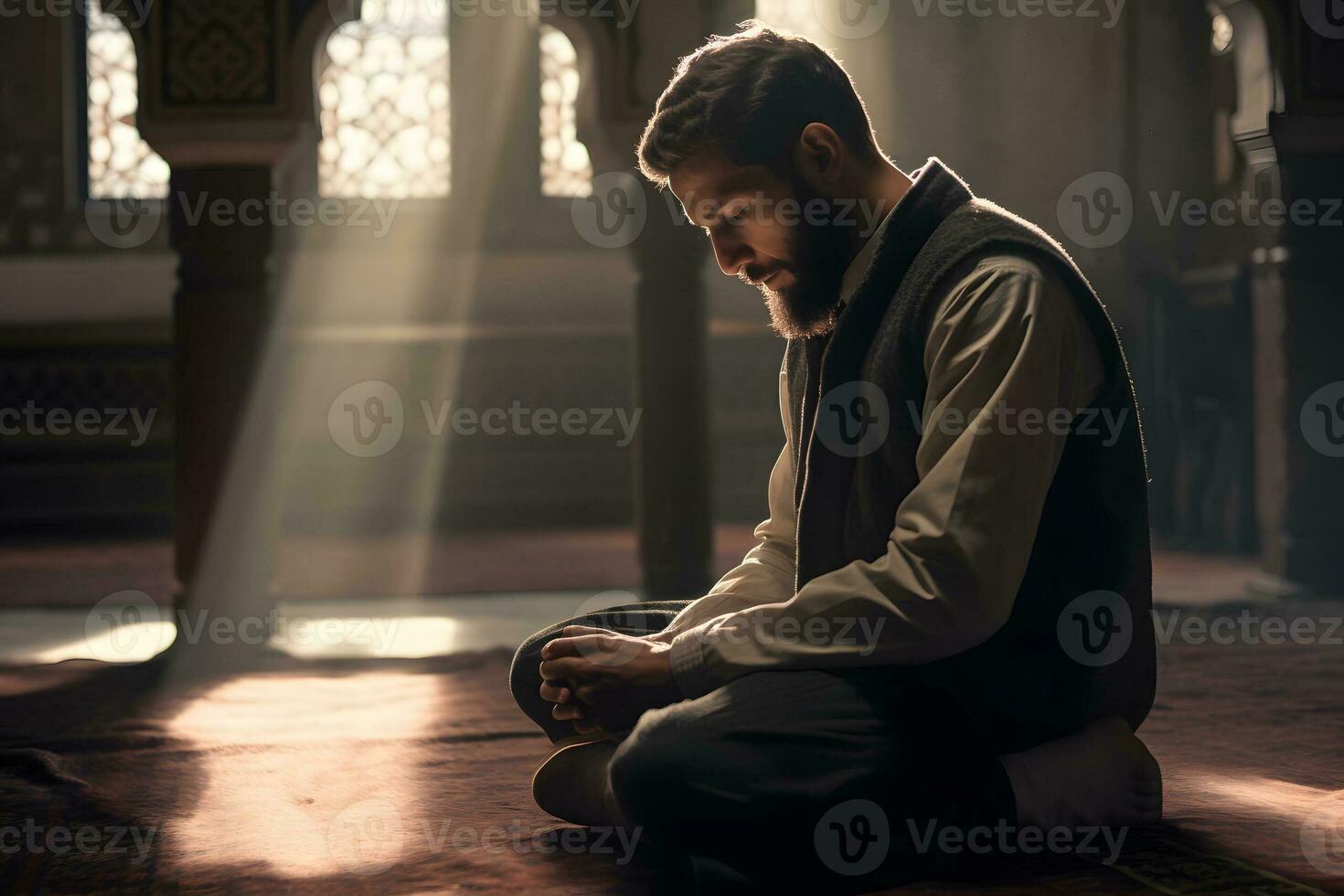 Handsome Muslim man prays in the mosque during the prayer AI Generative photo
