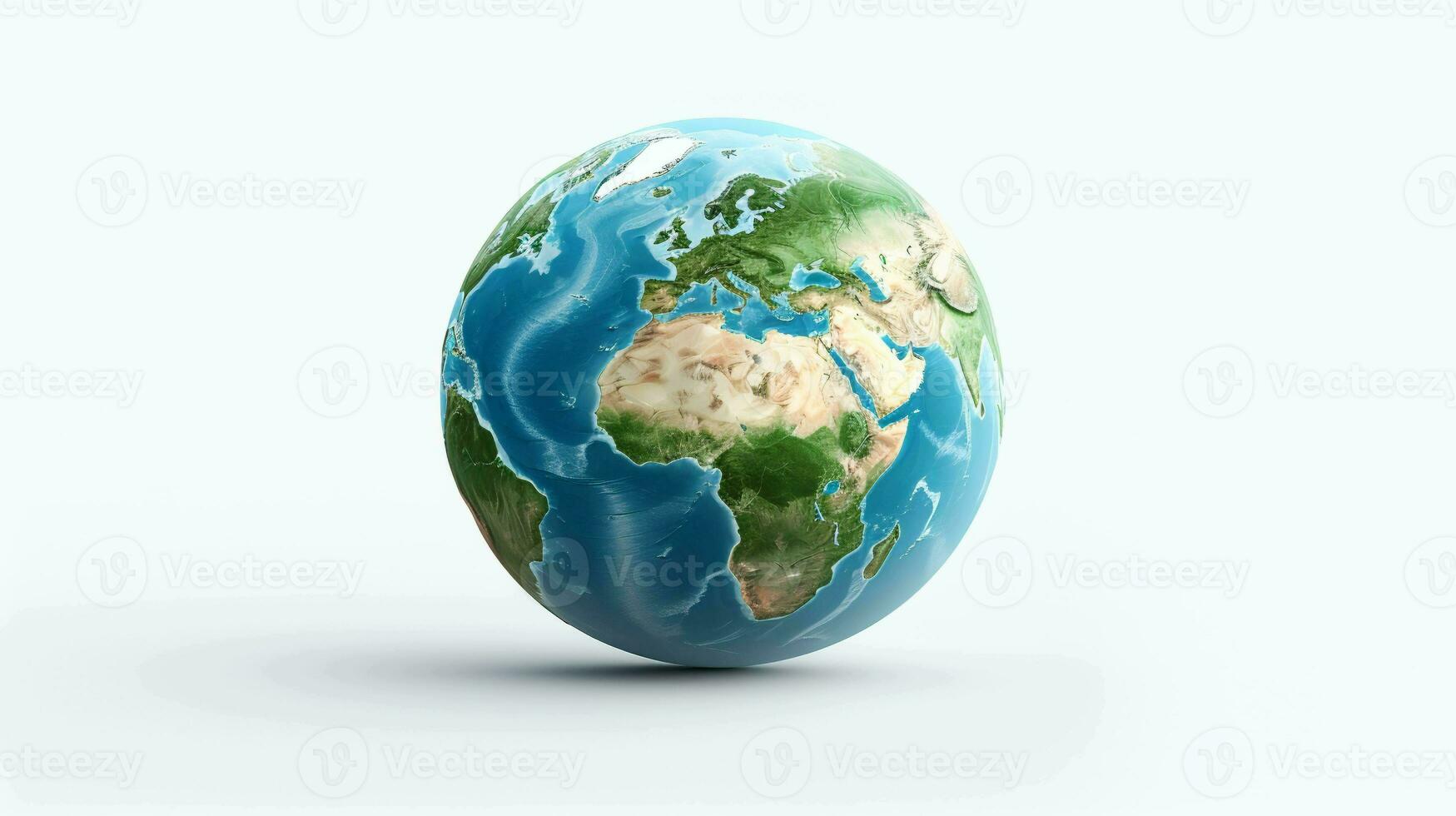 Realistic 3D Earth Render. A detailed globe on a clean white backdrop photo