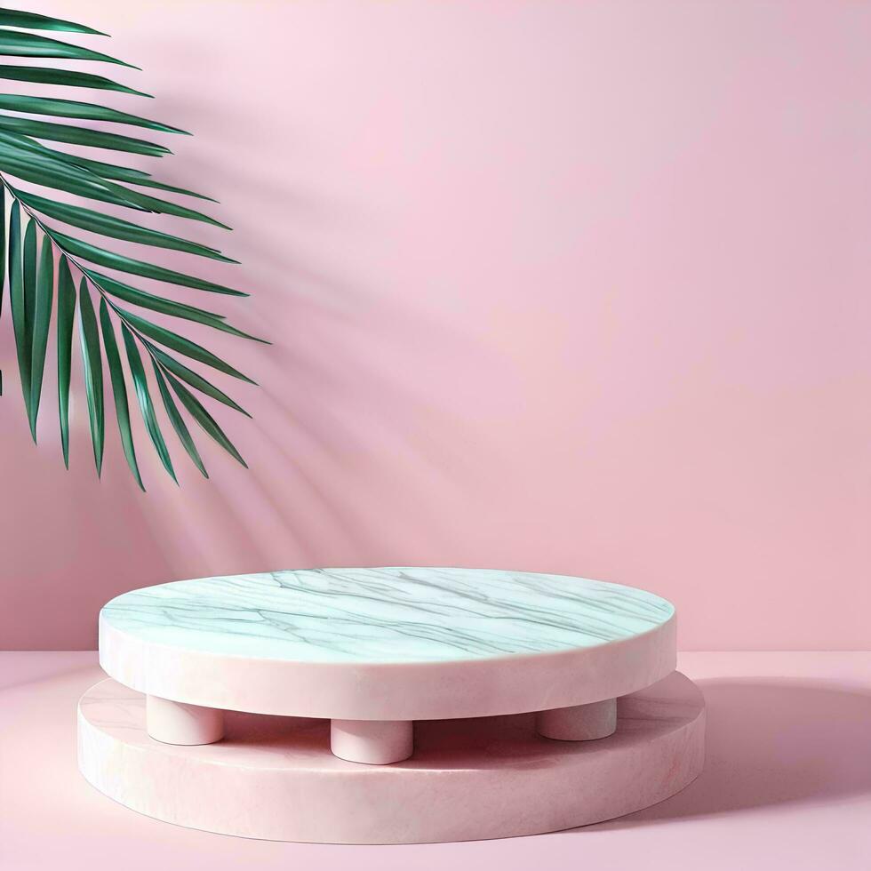 AI Generated Round Marble Podium Pink Background Studio with palm leaf photo