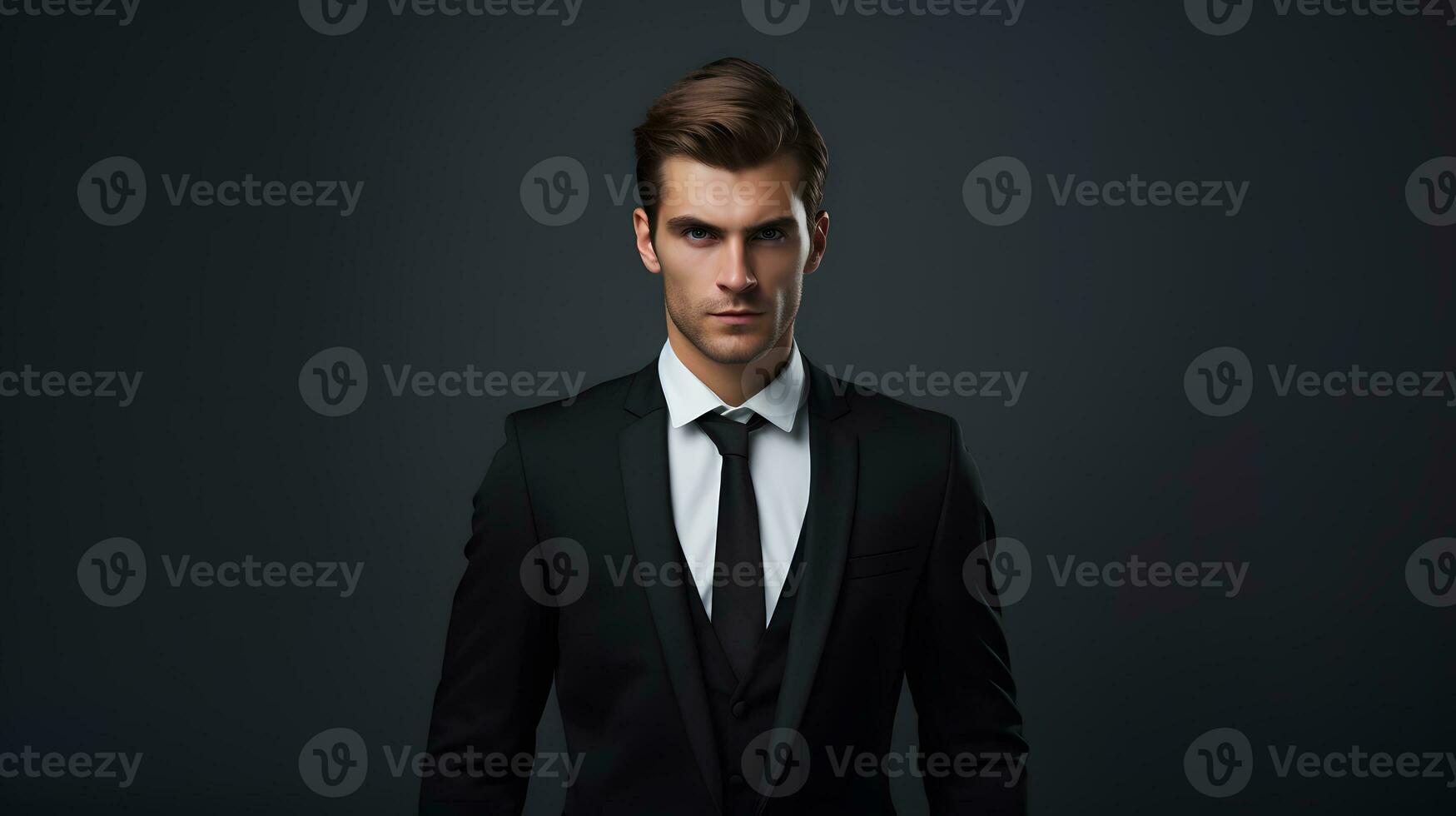 Portrait of young handsome man in black suit on grey background AI Generative photo