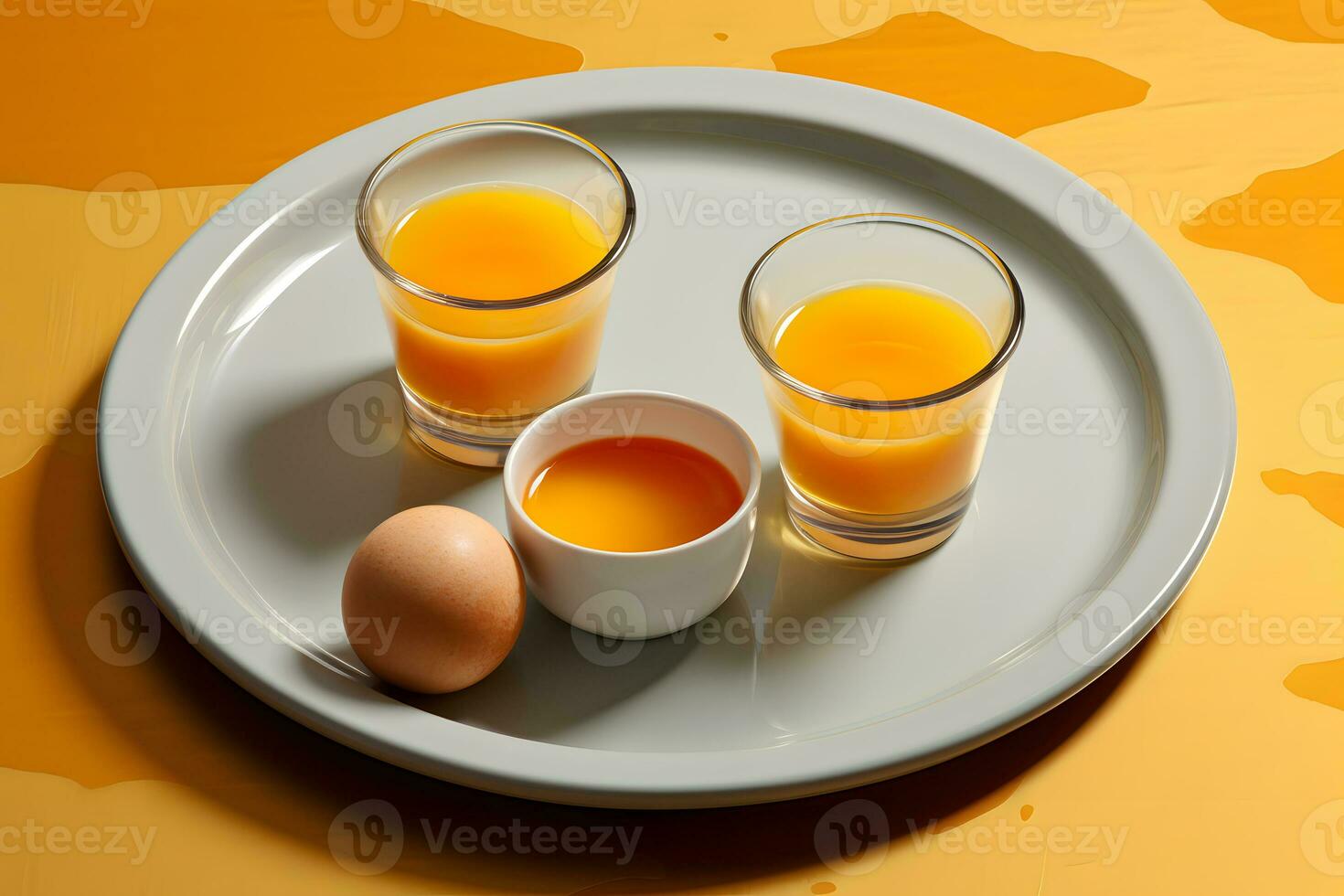 huevos y Leche en un vaso en un blanco plato con un amarillo antecedentes ai generativo foto