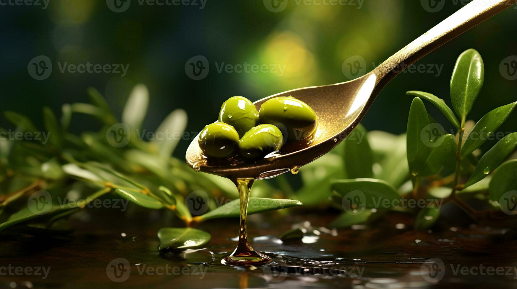 olive oil in spoon with olives on wooden table with green leaves AI Generative photo