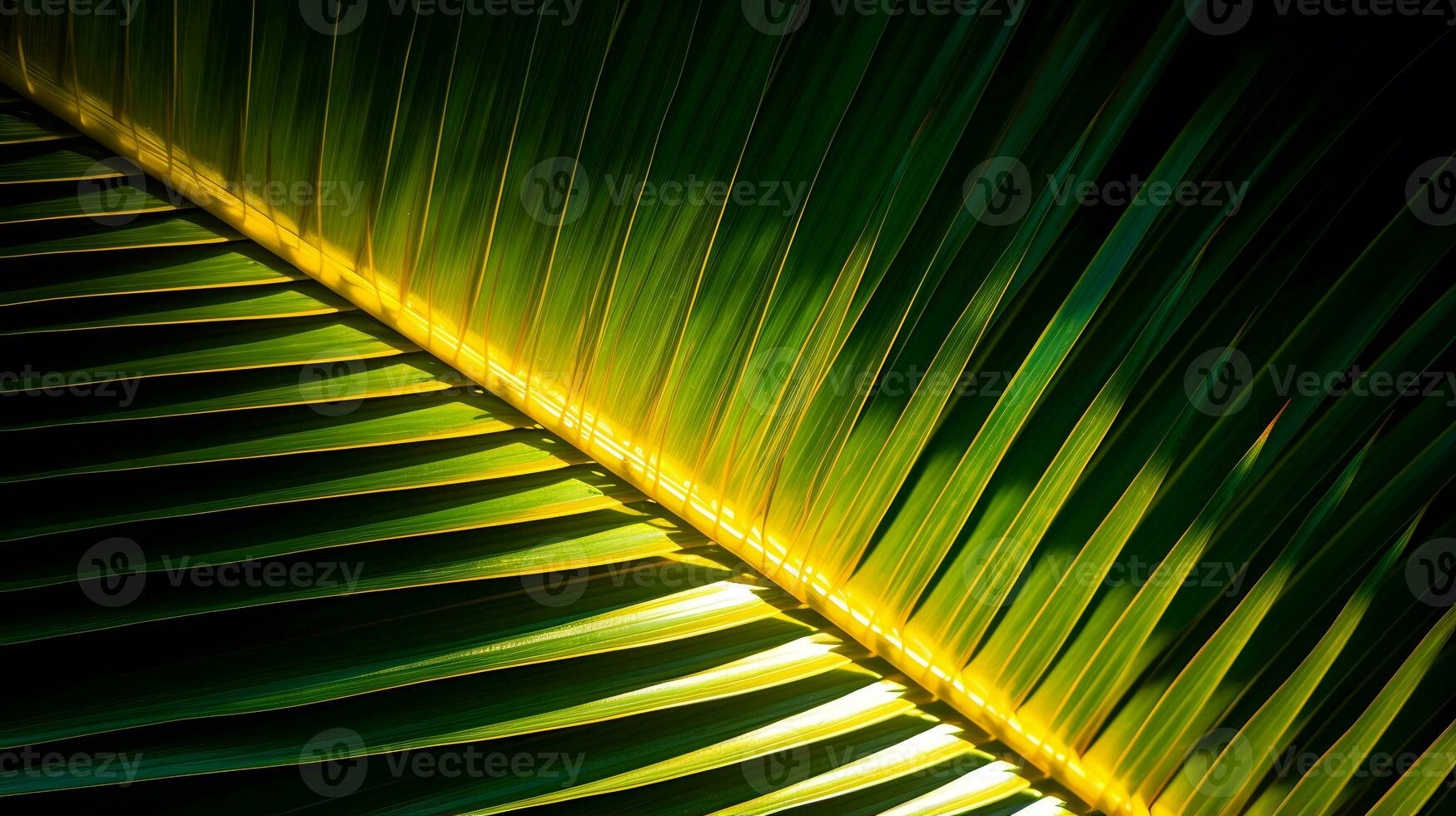 Coconut palm leaf in the light of the sun on a dark background AI Generative photo