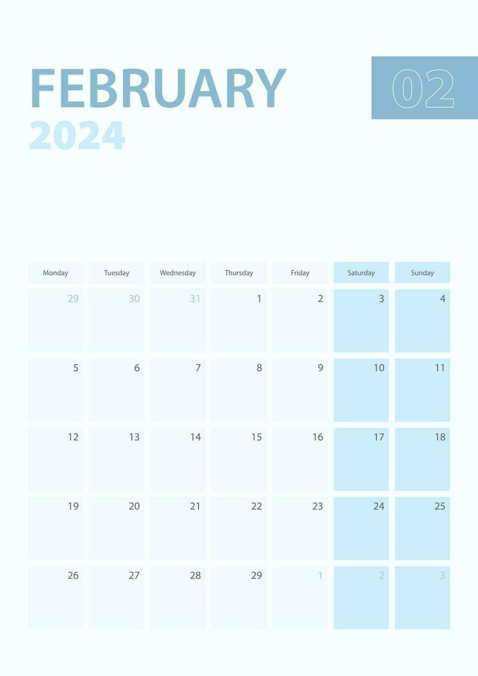 Vertical calendar page of February 2024, Week starts from Monday. vector