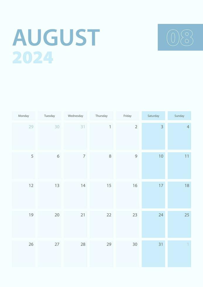 Vertical calendar page of August 2024, Week starts from Monday. vector