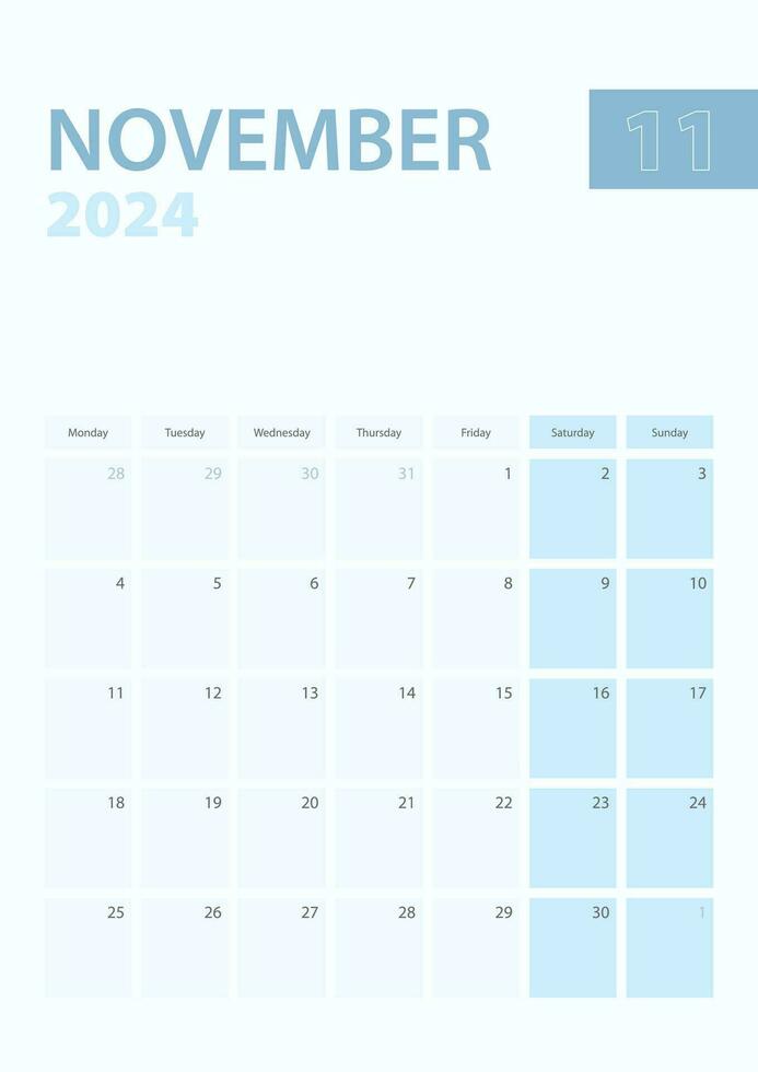 Vertical calendar page of November 2024, Week starts from Monday. vector