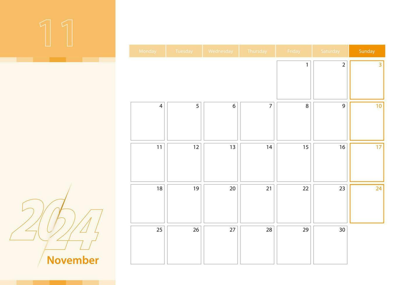 horizontal planificador para noviembre 2024 en el naranja color esquema. el semana comienza en lunes. un pared calendario en un minimalista estilo. vector