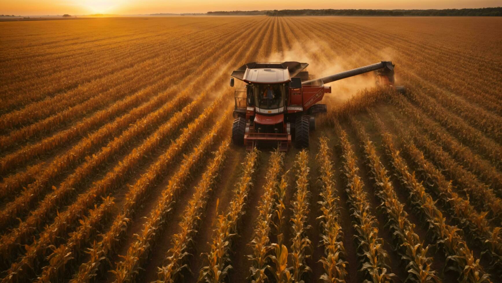 Harvesting of corn fields with combine, Corn picker harvesting a large filed of sweet Corn with sunset sky. ai generative photo