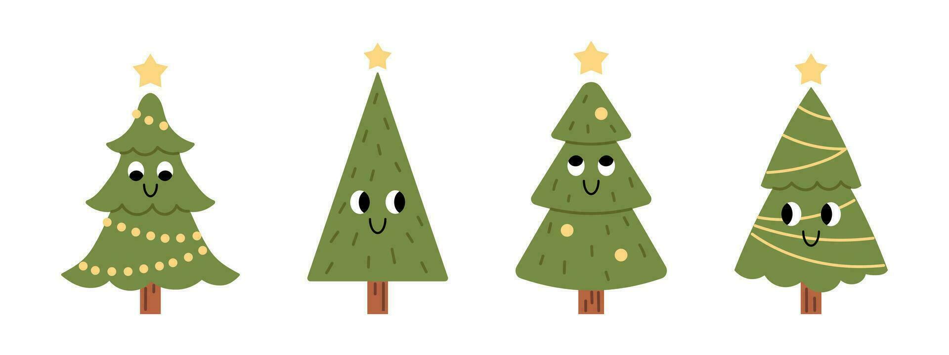 Vector set of different cute smiling christmas trees. Funny childish fir trees with garlands and balls. New Year and Christmas celebration. Collection of christmas trees with faces in flat design.
