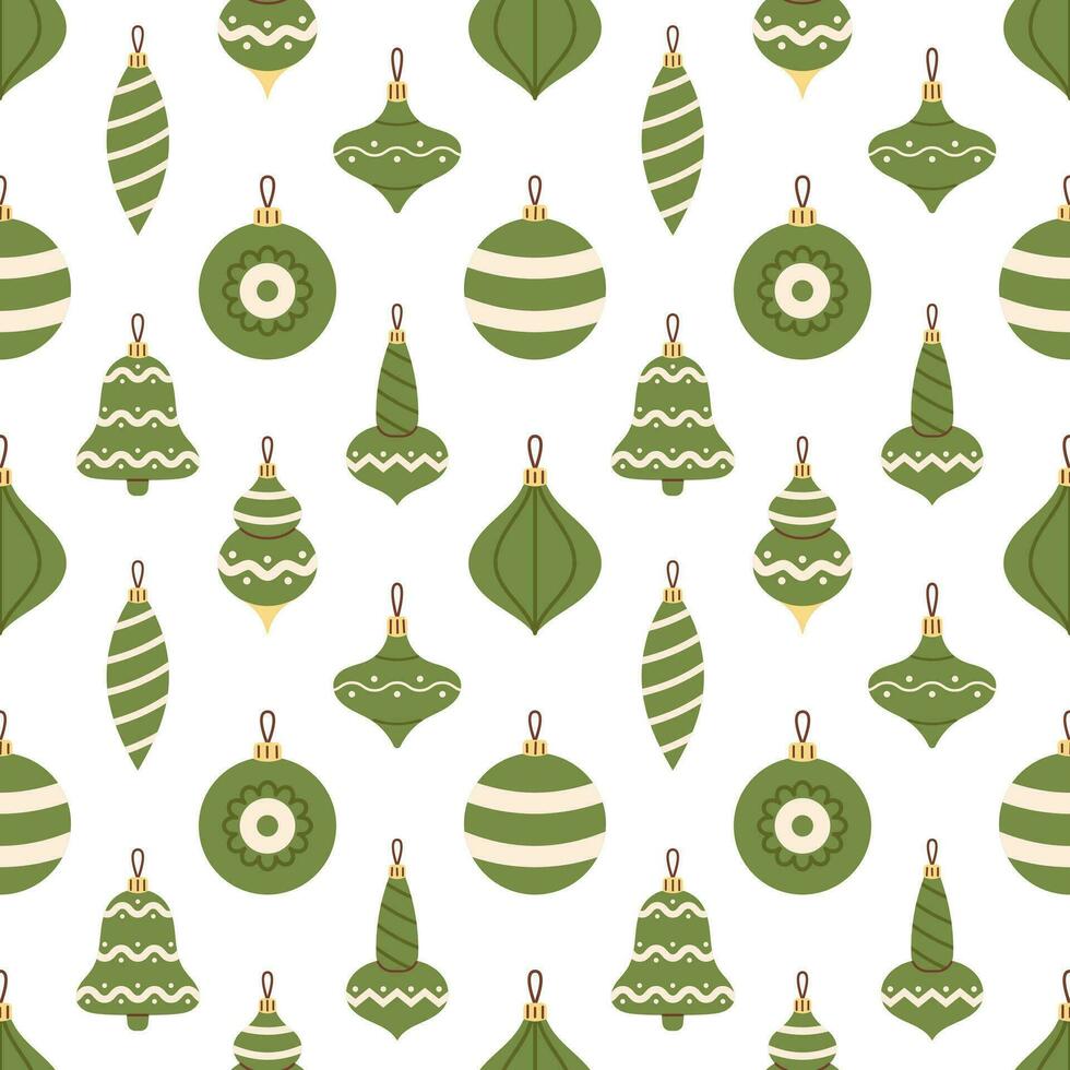 Vector seamless pattern with vintage baubles and decorations for Christmas tree. Green Christmas ornaments and balls on white background. Happy New Year and Merry Christmas.