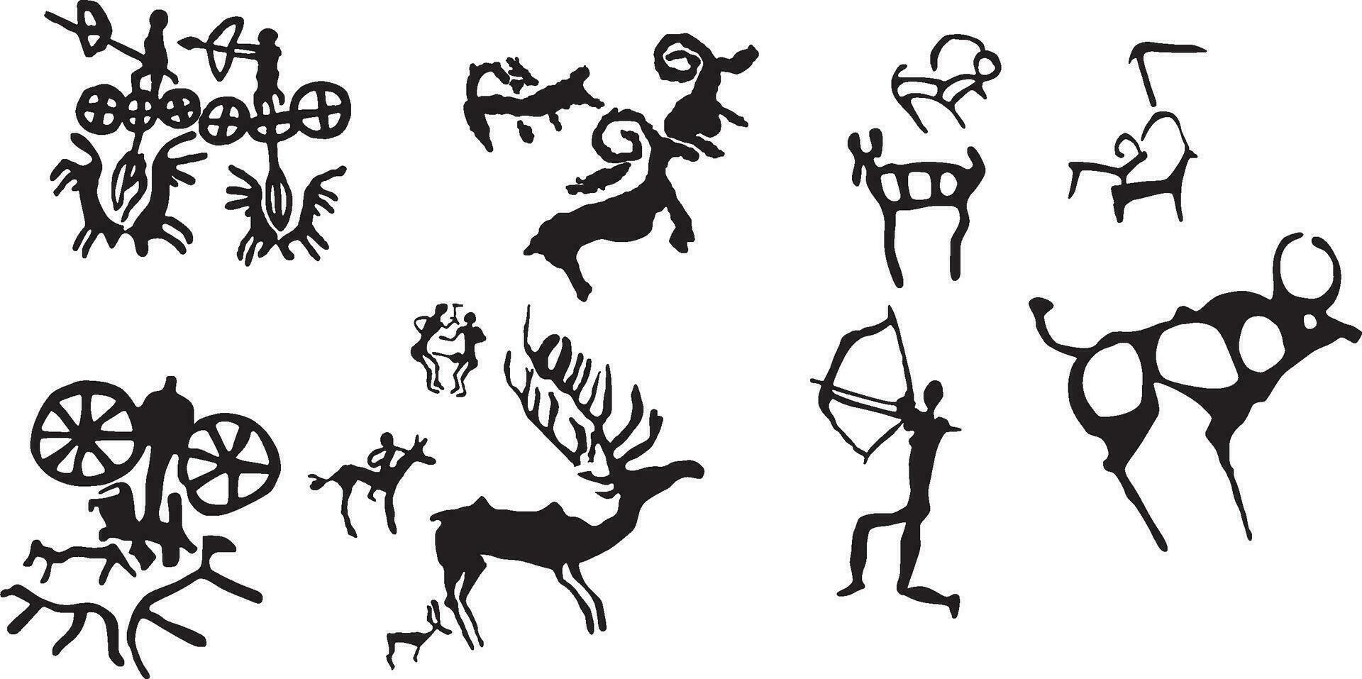 Vector set of petroglyphs of Kazakhstan. Ancient rock carvings in stone. Scythians, nomads of the steppe.