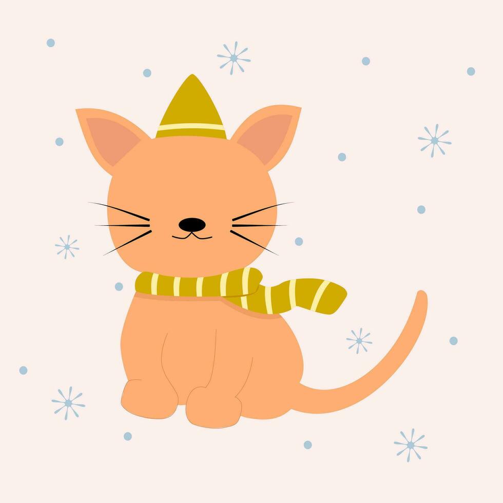 adorable gato vistiendo sombrero y bufanda en invierno vector