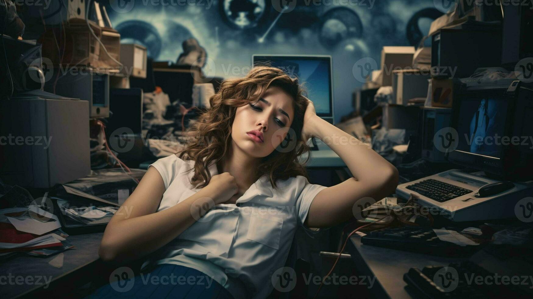 A Stressed Female Employee Reflects the Challenges of Work Relatable Image for Workplace Stress photo