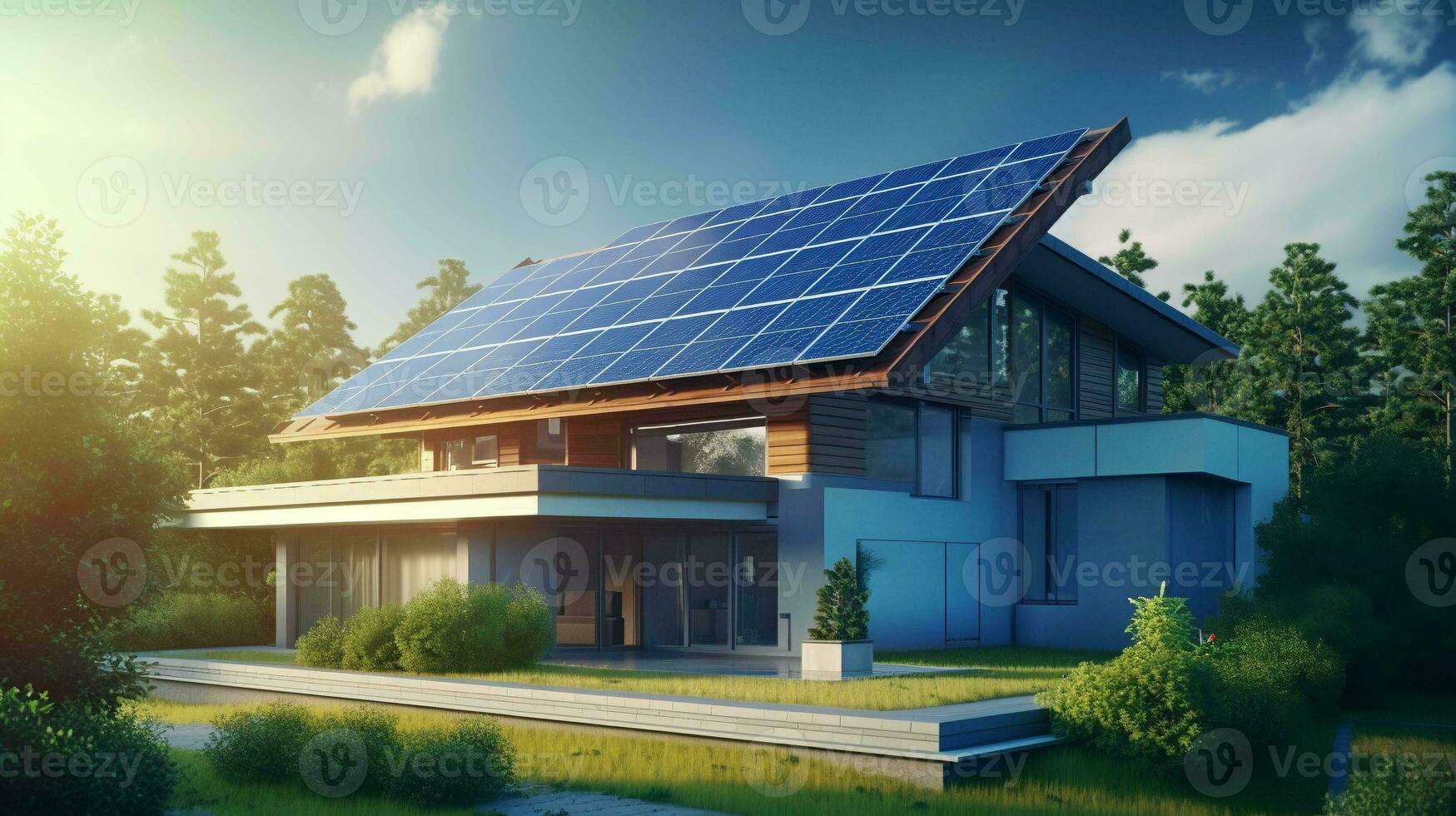 Solar Powered Home. Sustainable and clean energy with solar panel system photo