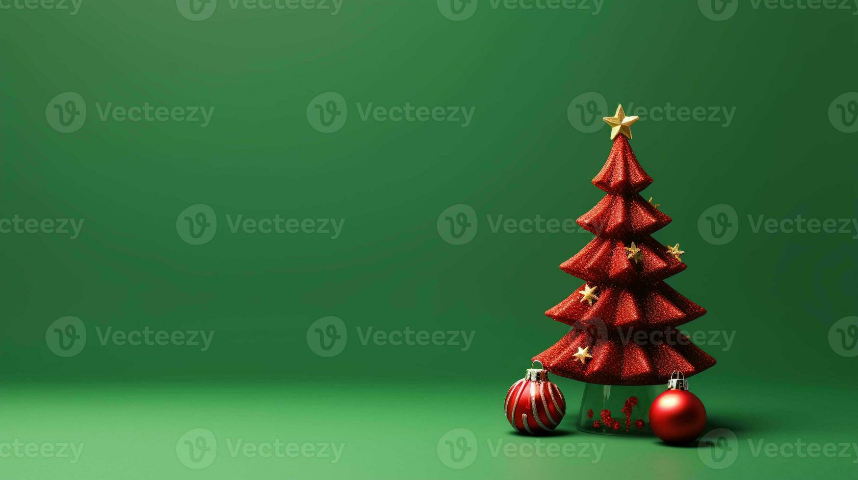 Festive Christmas Decorations and Tree. Minimalist Red Background, Joyful Holiday Atmosphere photo