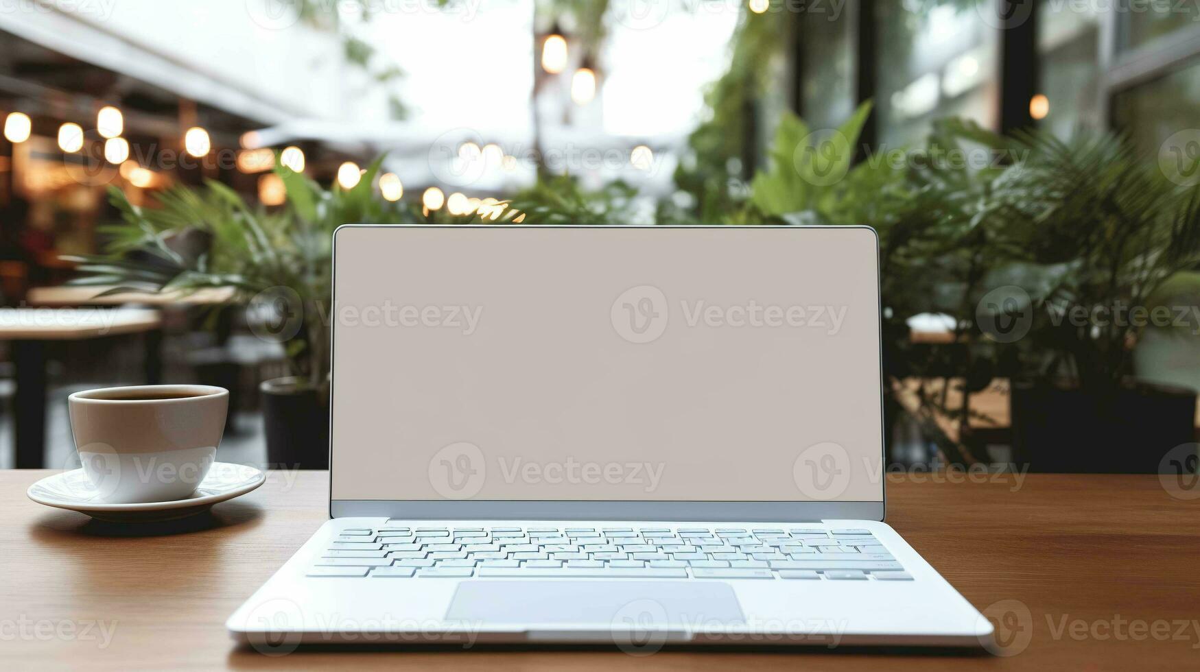 Modern laptop with blank white screen on the table photo