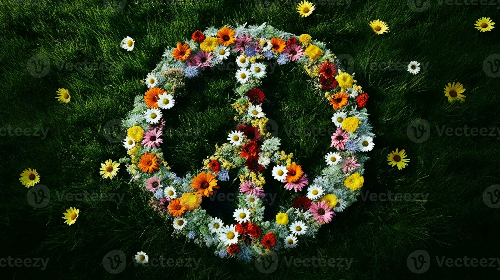 Peace Symbol Made from Various Flowers on the Green Grass Background photo