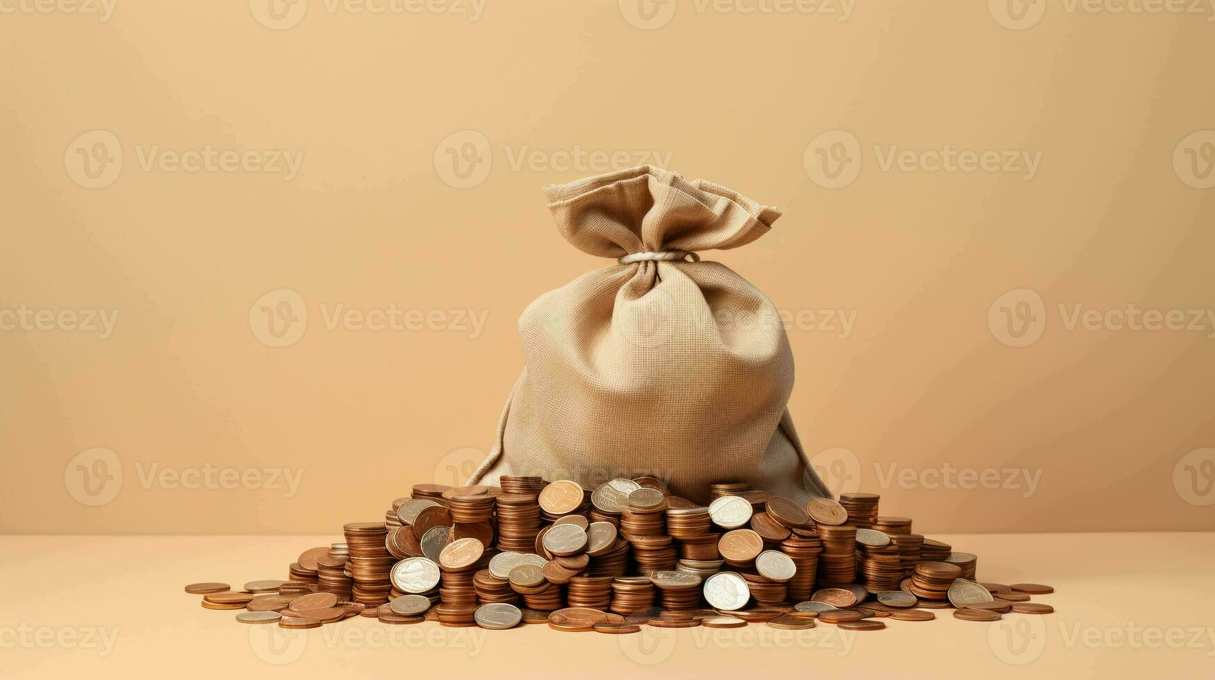 Money, Coins, and A Money Bag on a Minimalist Background, Representing Financial Success photo